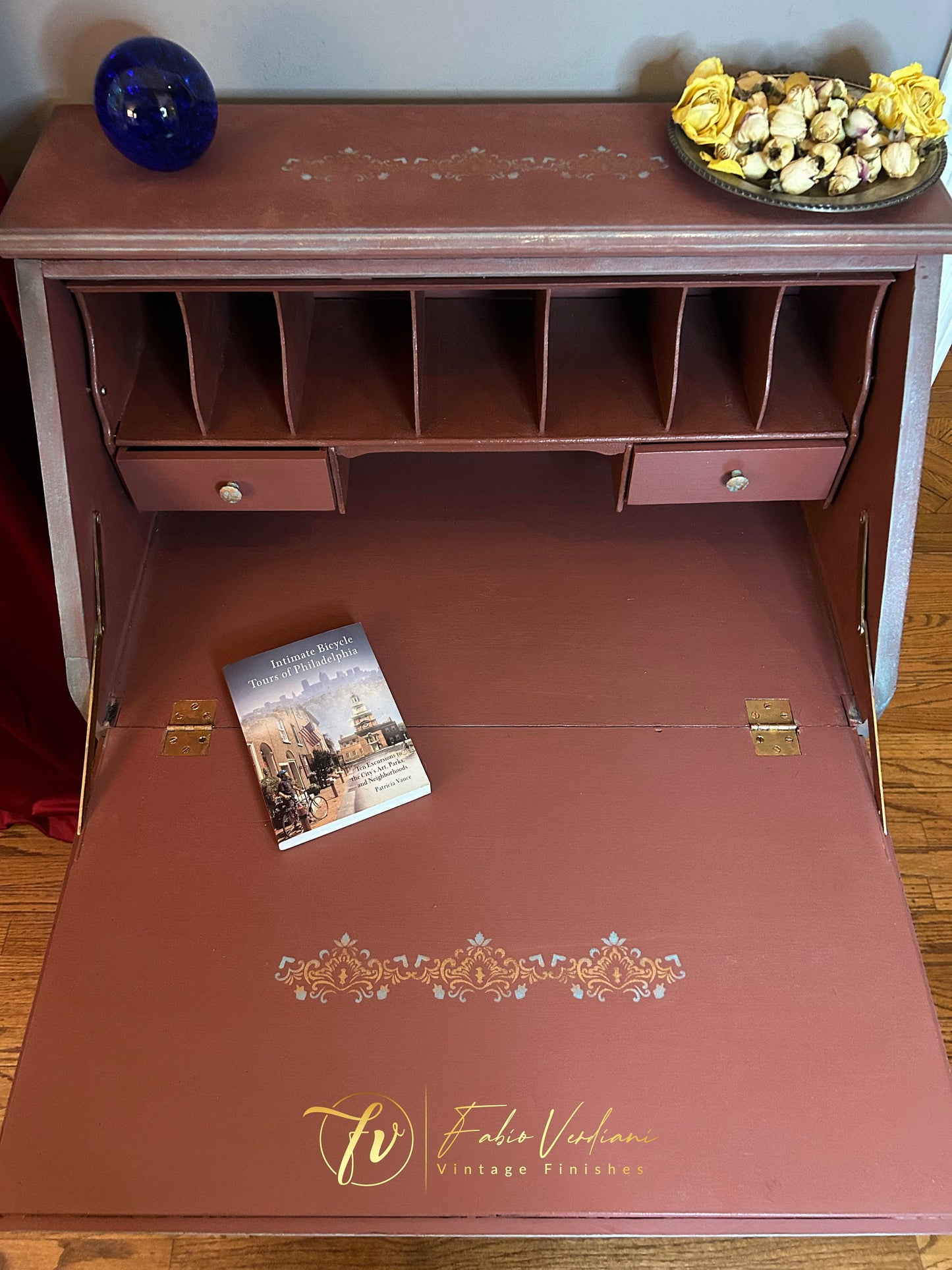 Vintage Art Nouveau-style Secretaire in Red and Copper Blue -Moldings and Stencils
