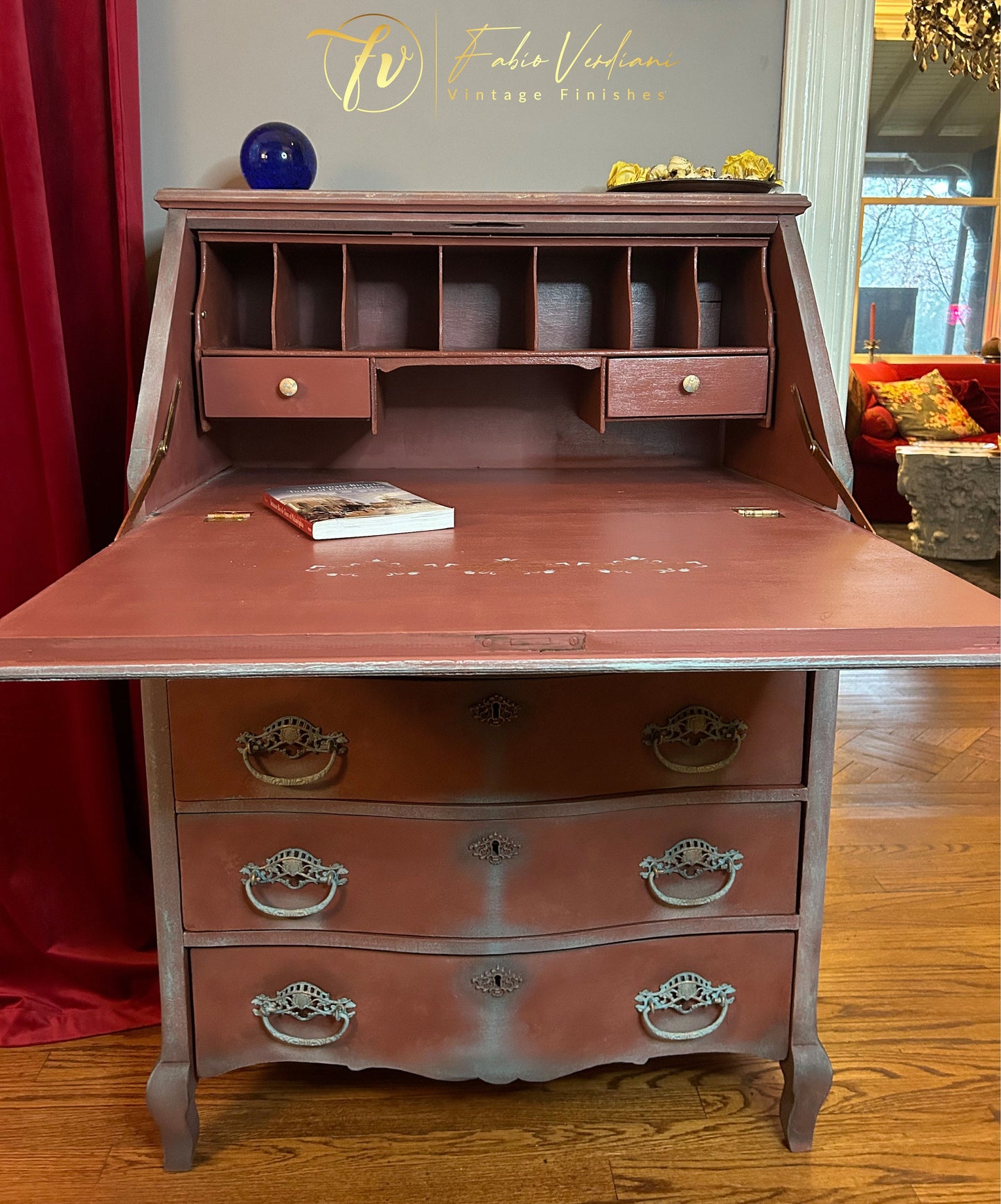 Vintage Art Nouveau-style Secretaire in Red and Copper Blue -Moldings and Stencils